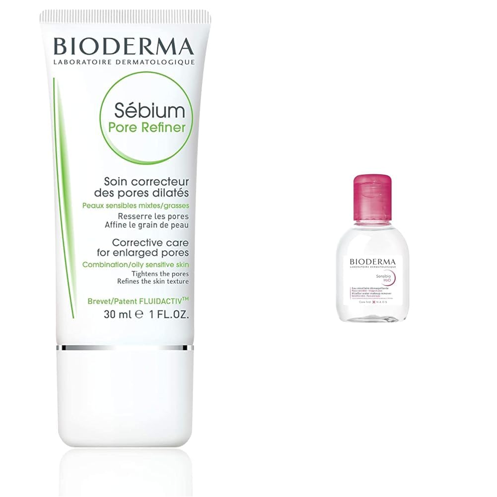 Bundle of Bioderma - Sébium - Pore Refiner Cream - Corrective Care for enlarged pores - For Combination to Oily Skin + Sensibio - H2O Micellar Water - Makeup Remover - Face Cleanser for Sensitive Skin