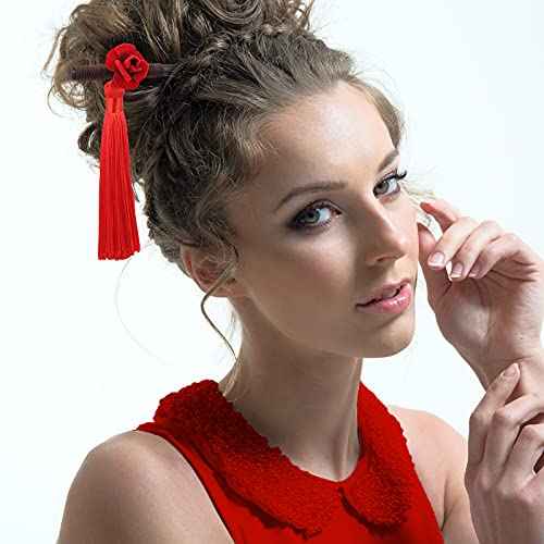 Waydress 4 Pcs Asian Hair Stick Accessories for Women Chinese Japanese Hair Chopsticks Clips Retro Geisha Red Wooden Cherry Hairpins Handmade Flower Tassel Geisha Costume for Girl(Classic Style)