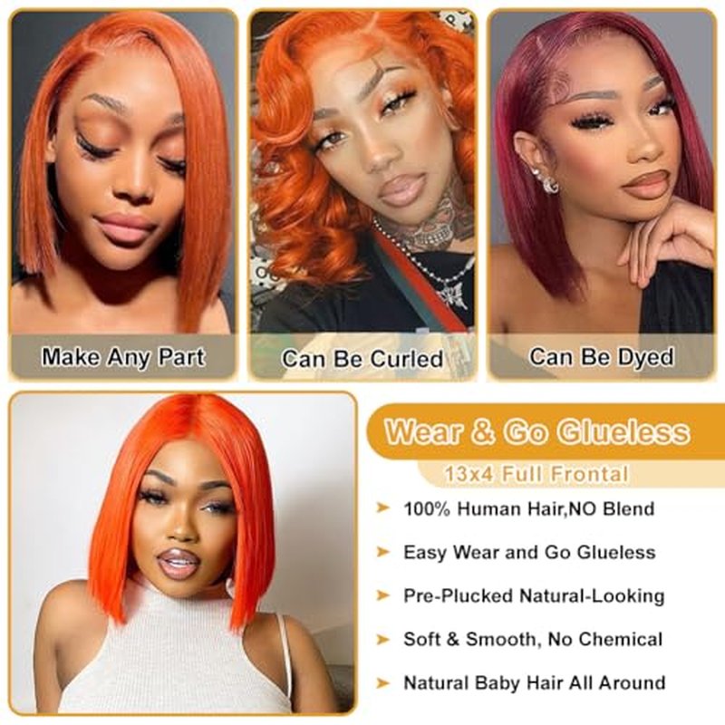 Ginger Orange Bob Wig Human Hair 13x4 HD Lace Frontal Wigs Human Hair for Women Ginger Glueless Short Straight Bob Lace Frontal Wigs 180% Density #350 10 Inch