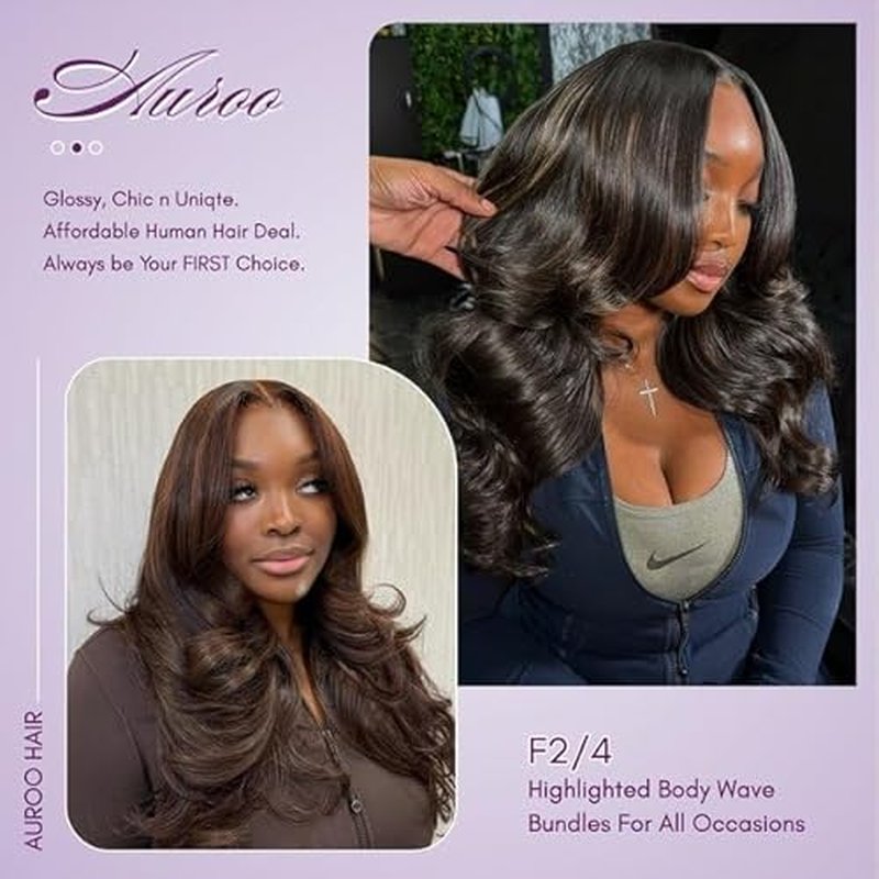 12A Brown Body Wave Bundles Human Hair 18 Inch, 100% Virgin Brazilian Real Hair Wavy Weave Color #F2/4 Rich Dark Brown with Chestnut Ombre Highlights Human Hair Single Bundles Thick Track Sew in