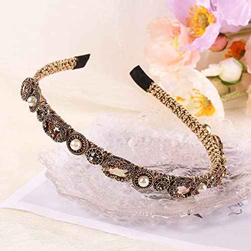 YARN & INK Gold Rhinestone Pearls Headbands for Women Girls, Non Slip Bling Headband Hair Accessories Retro Christmas Gift (Baroque Champagne)