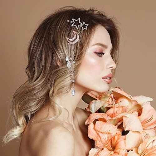 Beaupretty 4Pcs Moon Star hair clips Rhinestone Barrettes with Beads Tassel Hair charms Jewelry for Women Girl Silver Golden