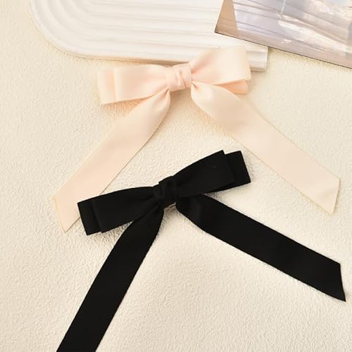 Ribbon Hair Bow Clips for Women and Girls - Black French Barrettes, Large Bowknot Hair Pins and Clips, 2 Pcs