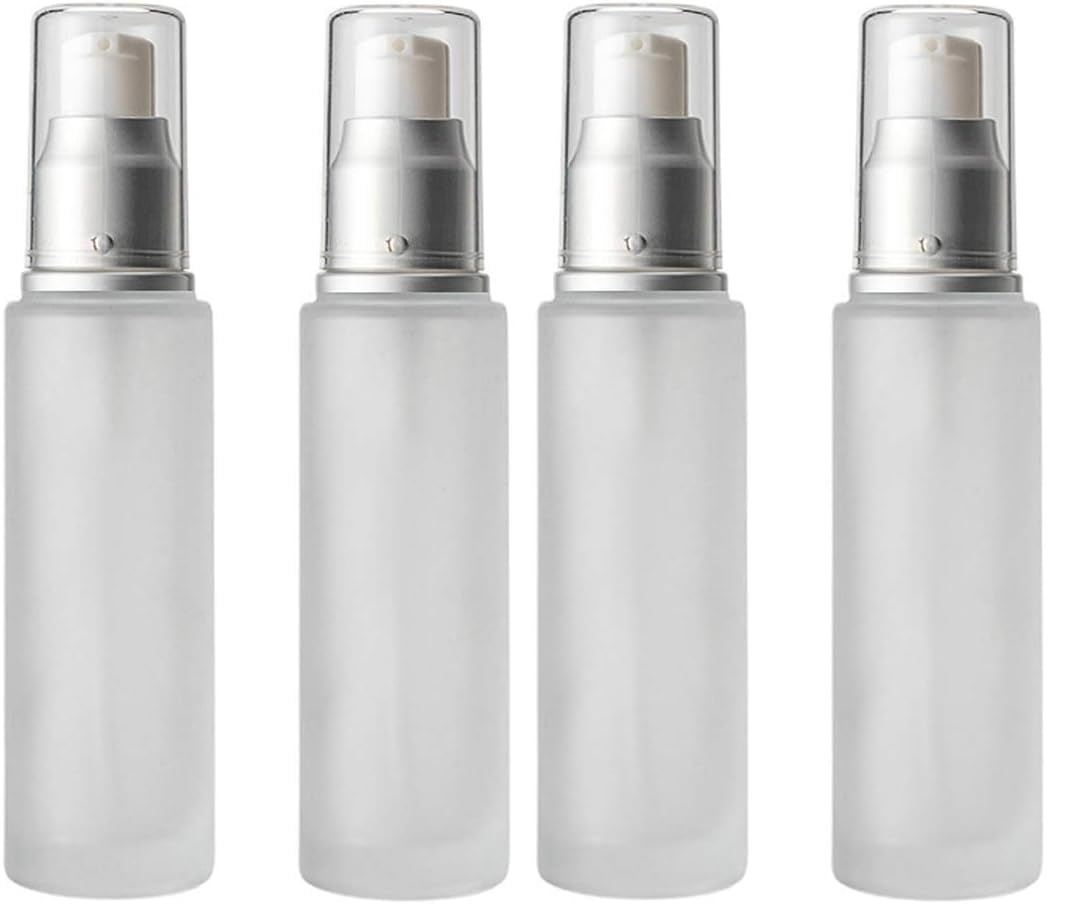 2PC Empty Glass Refillable Dispenser Pump Lotion Bottle White Frosted Cosmetic Pump Bottle Containers For Skin Care Cream Liquid Essential Oil (100ML/3.4oz) (Pack of 2)