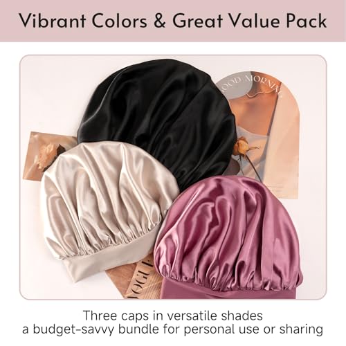 Yanideer 3 pcs Satin Bonnet Silk Bonnet for Sleeping Double Layer Satin Lined Hair Bonnet with Tie Band for Women Curly Hair