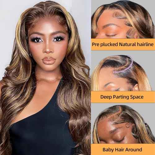 Sunelk Highlight Wig 200 Density 13x6 Lace Front Wigs Human Hair 24 Inch Ombre Body Wave Lace Front Wigs Human Hair Pre Plucked Honey Blonde Wig HD Lace Frontal Glueless Wig for Women