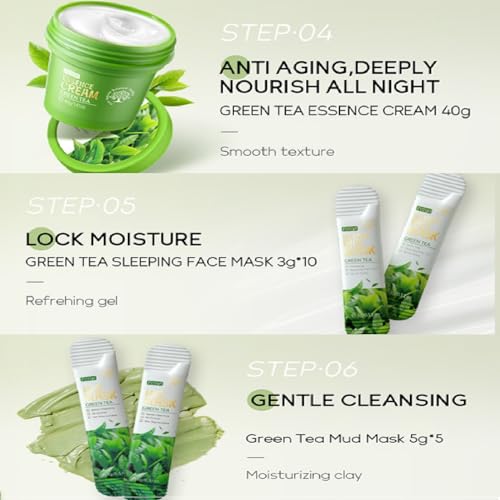 Green Tea Skincare Set, 19-In-1 Skincare Gift Set, With Natural Extracts,Cleanser,Face Serum, Face Cream, Eye Cream, Facial Mask And Mud Mask,Moisturizing Skincare Set For Teen Girls
