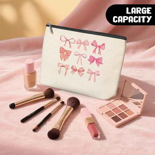 Bow Tote Bag Coquette Pink Bow Preppy Makeup Bag Set Cute Aesthetic Pink Bow Canvas Reusable Grocery Shopping Bag