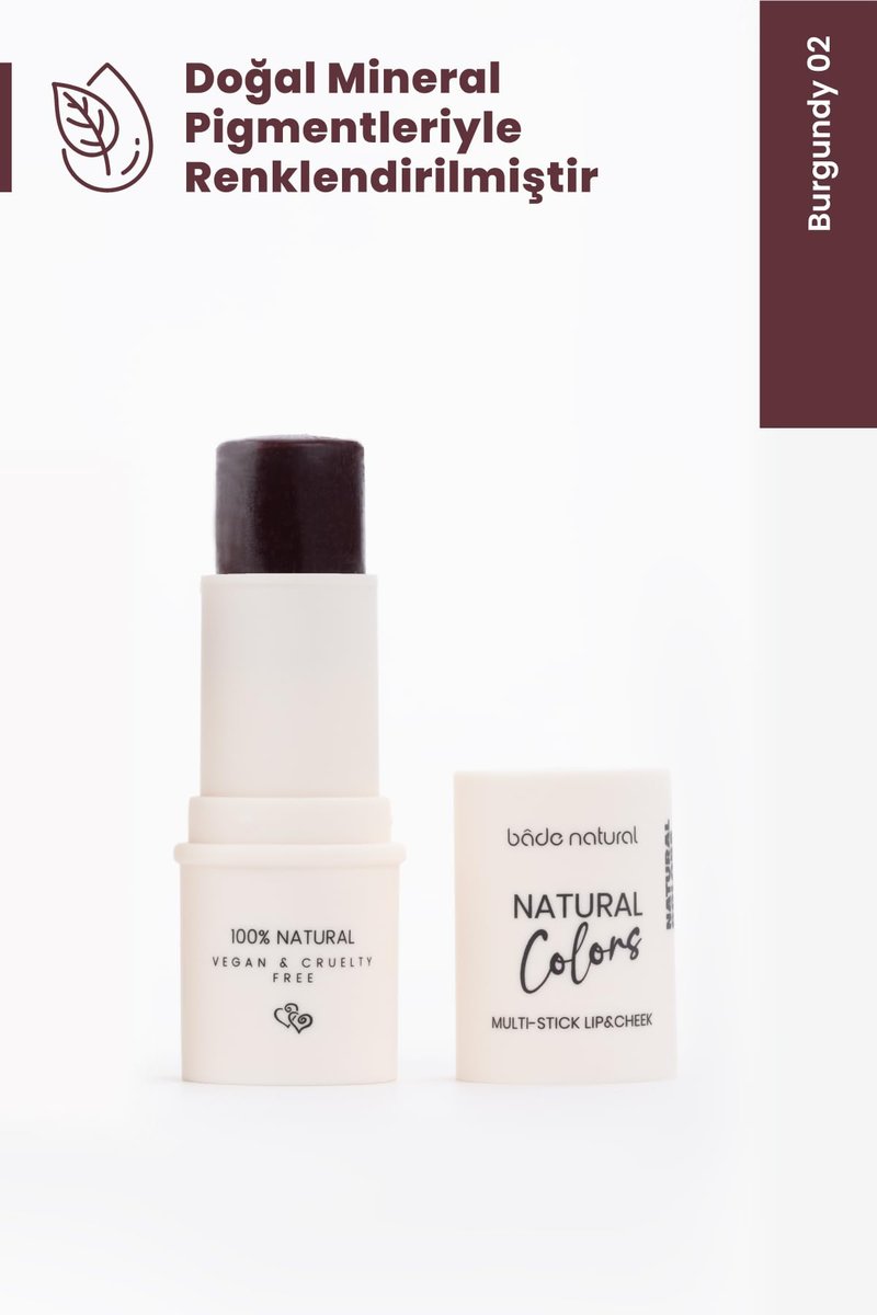 Bade Natural Lip & Cheek Color Stick – Burgundy 02 – Buildable Cream Tint for Lips and Cheeks, Multi-Use Blendable Formula, Soft Dewy Finish