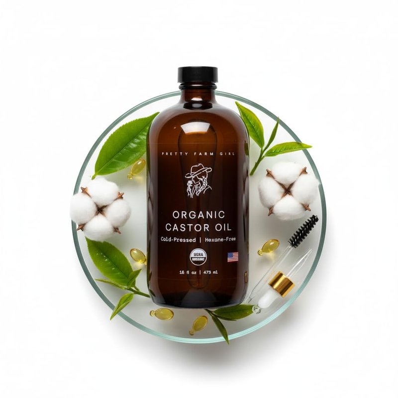 Pretty farm girl Pure Organic Castor Oil - Cold-Pressed & Hexane-Free - 100% Pure - Amber Glass Bottle - All Skin & Hair Types