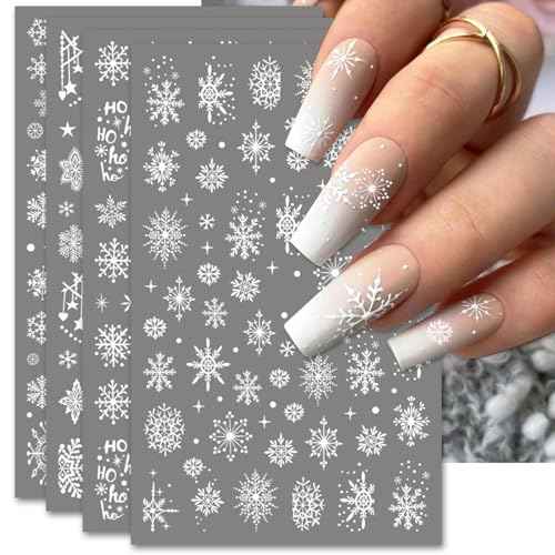 Large Snowflake Nail Stickers, Christmas 3D Self-Adhesive Nail Art Decals - White Snowman Santa Elk Design for DIY Manicure Winter Xmas DIY Nail Decorations (4 Sheets)
