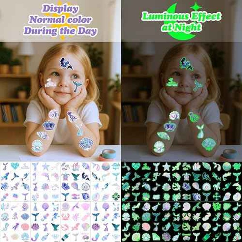 96PCS Mermaid Pre-Cut Temporary Tattoos for Kids - Cute Under the Sea Party Favors, Perfect for Ocean Mermaid-Themed Birthdays, School Rewards, and Baby Showers (Glow in the Dark)