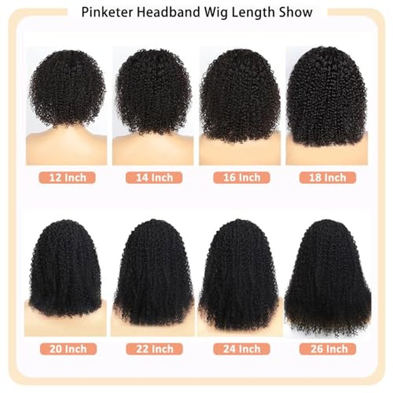 Headband Wig Human Hair Kinky Curly None Lace Front Wig 150% Density Glueless Wigs for Black Women Natural Color (Headband Wig, 18inch)