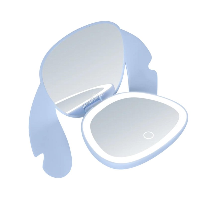 Impressions Vanity Stitch Ohana LED Compact Mirror with Lights, Lighted Travel Makeup Mirror with 3X Magnification, Adjustable Brightness, and Soft Touch Velvety Finish, Auto Shut-Off