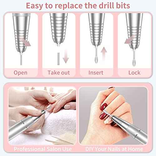 Portable Nail Drill Professional 35000 RPM, MOCOWIND Rechargeable Electric Nail File Machine E File for Acrylic Gel Polishing Removing, Cordless E-File with Bits Kit for Manicure Salon Home, Pink