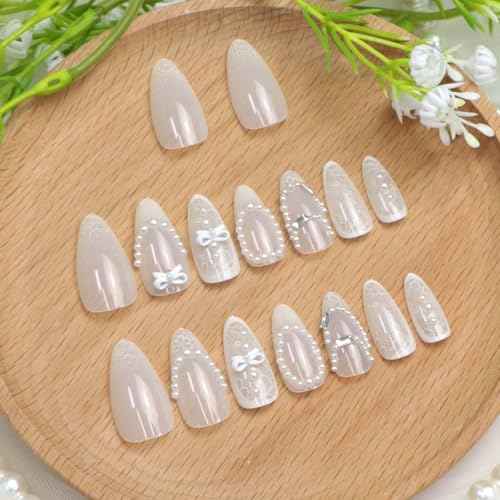 Medium Press on Nails Almond Fake Nails with 3D Bow Pearl Designs White False Nails Full Cover Acrylic Nails for Women 24Pcs