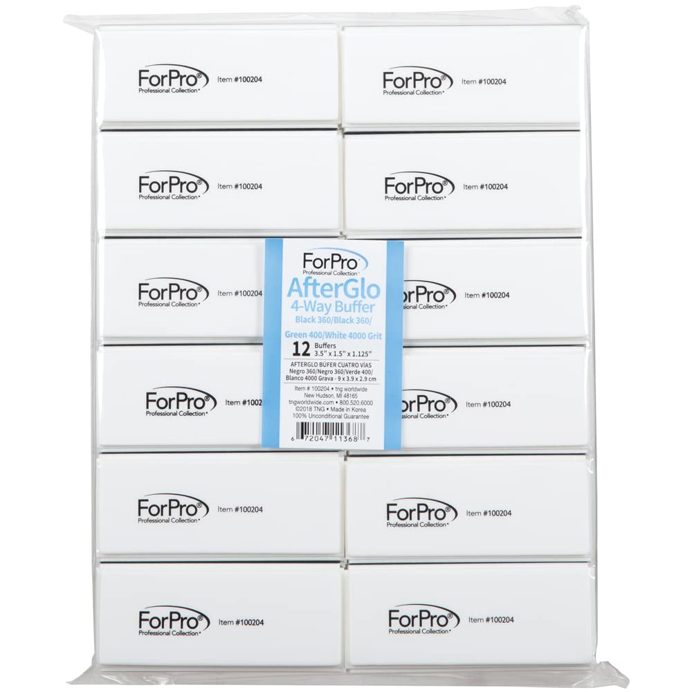 ForPro AfterGlo 4-Way Nail Buffer Set - 12-Count Manicure & Pedicure Buffers, 360/4000 Grit