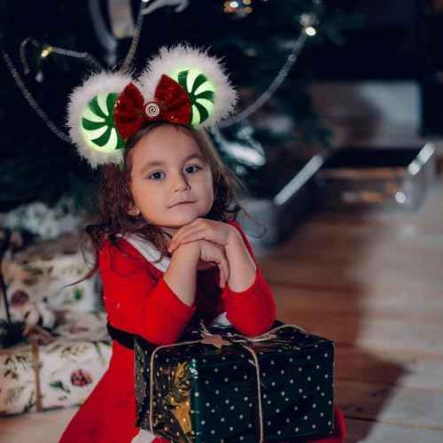 JIAHANG Mouse Ear Christmas Light Up Headband, Lollipop LED Hairband with Sequin Bow, Flash Glowing Party Decoration Headwear Hair Accessories for Women Girls