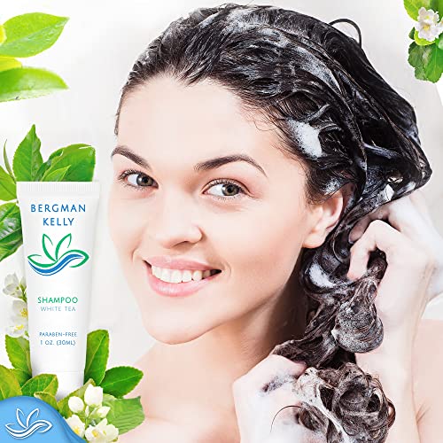 BERGMAN KELLY Hotel Toiletries Bundle (White Tea, 1 oz each, 200 Pieces) 4-Piece Set: 50 Rectangular Bar Soap, 50 Shampoo, 50 Conditioner & 50 Body Lotion - Bulk Mini Guest Amenities