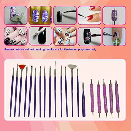 Nail Art Brushes, Dotting Pens Marbling Detailing Painting Striping Tools 20pc Kit Set with Roll-Up Pouch - Best for nail art and facial detailed painting - FREE eBook with Design Idea