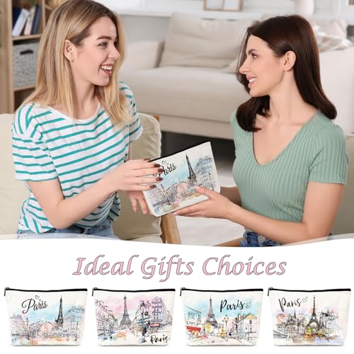 Paris Gifts Travel Essentials - 4Pcs Eiffel Tower Makeup Bag, France Paris City Watercolor Cosmetic Bags with Zipper Pouch, Weekend Vacation Trip Gifts for Travellers Women Girls