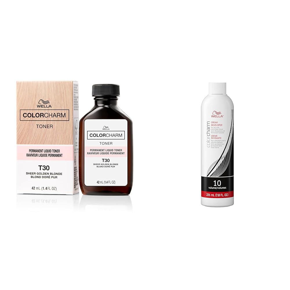 Bundle of WELLA colorcharm Permanent Liquid Toners, Neutralize Brass, Free of Parabens, Vegan, T30 Sheer Golden Blonde + 10 Vol Cream Developer Bundle