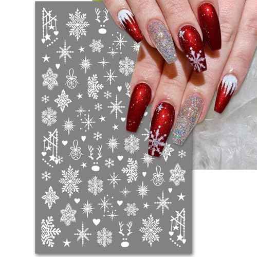 Large Snowflake Nail Stickers, Christmas 3D Self-Adhesive Nail Art Decals - White Snowman Santa Elk Design for DIY Manicure Winter Xmas DIY Nail Decorations (4 Sheets)
