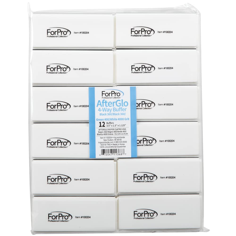 ForPro AfterGlo 4-Way Nail Buffer Set - 12-Count Manicure & Pedicure Buffers, 360/4000 Grit