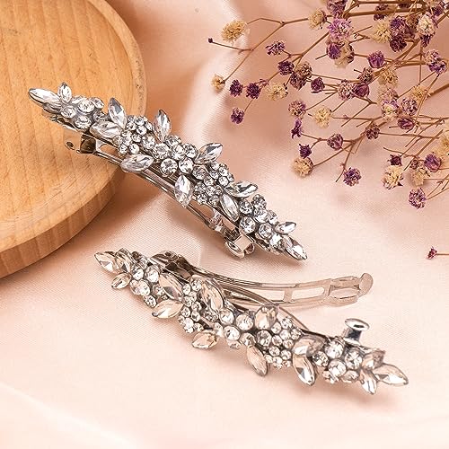 Joez Wonderful Bridal Rhinestone Hair Clips Barrettes 2pcs, Sparkly Crystal Hair Clips Diamond Barrettes, Bling Fancy Wedding Flower Clip Decorative Hair Accessories for Women Girls