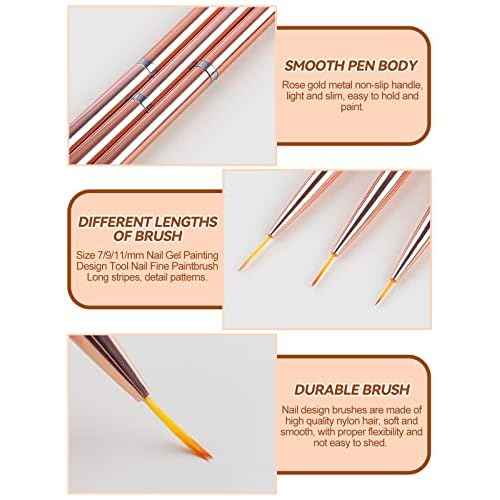 TOROKOM 3Pcs Nail Art Liner Brushes Thin Nail Art Brush Fine Nail Art Striping Brush for Nails Gel Polish Painting Design Brushes Pen Set for Striping, Detail Pattern