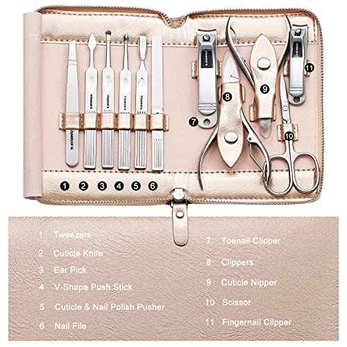 FAMILIFE Gifts for Women, Manicure Set Professional Manicure Kit 11 in 1 Nail Kit Nail Clippers Tools Stainless Steel with Rose Gold Leather Case Travel Sets