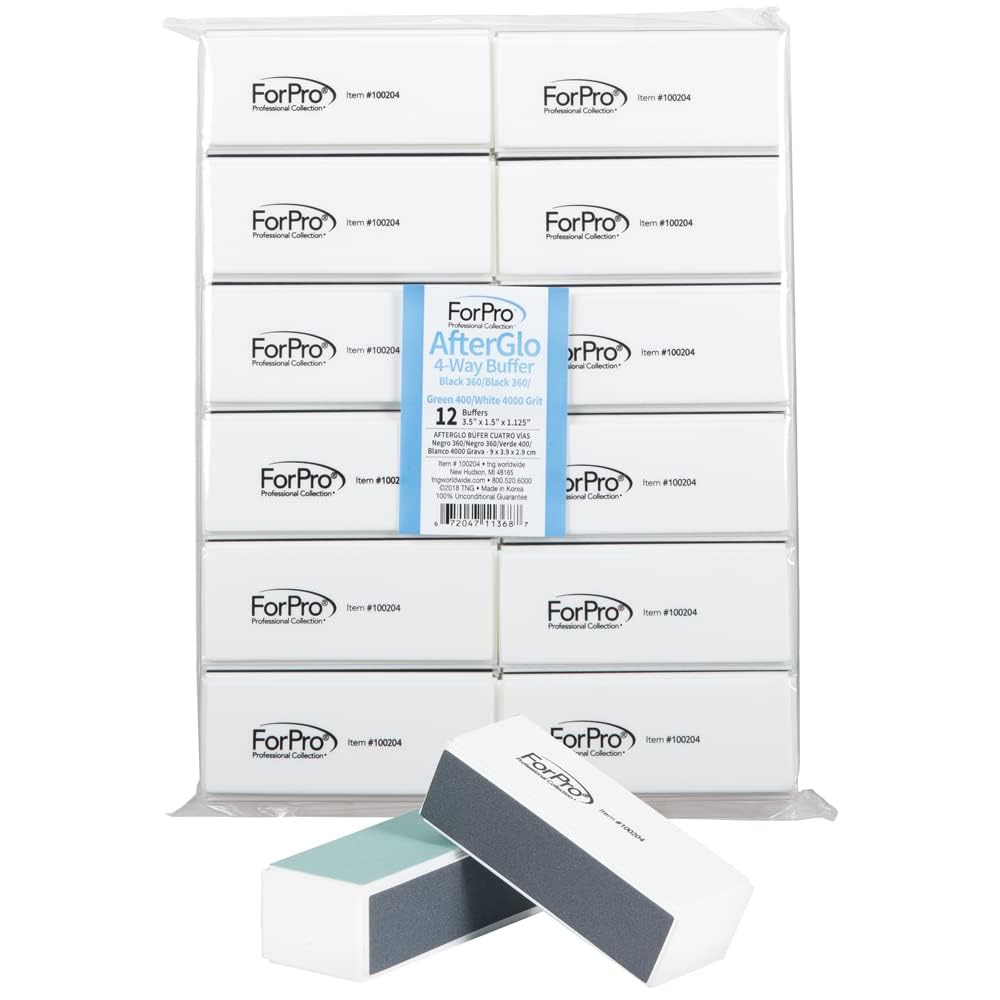 ForPro AfterGlo 4-Way Nail Buffer Set - 12-Count Manicure & Pedicure Buffers, 360/4000 Grit