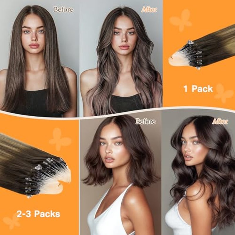 DOORES Micro Beaded Hair Extensions Human Hair extension, Balayage Chocolate Brown to Caramel Blonde 24 Inch 50g/50s, Micro Ring Hair Extensions Human Hair