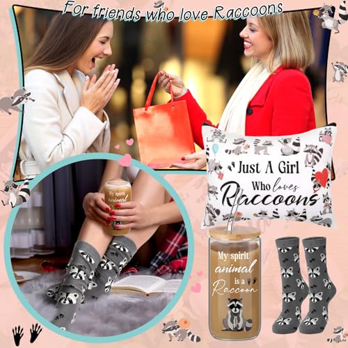 Layhit 3 Pcs Raccoon Gifts for Women Teaches Day Thank You Gift 16 oz Coffee Glass Cosmetic Makeup Bag Cute Socks for Friend Teacher Colleague Employee