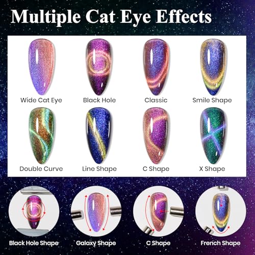 MIZHSE 9D Cat Eye Gel Nail Polish Set, Magnetic Gel Polish 10ml 6 Colors with 2 Magnet Sticks, Chameleon Galaxy Shiny Magic Effect Cateye Nail Polish Soak off Nail Art Gift for Women