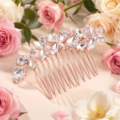 Crystal Wedding Hair Comb Silver Bridal Headpiece Bride Sparkly Rhinestone Hair Side Comb Bridesmaid Pearl Hairpieces Side Combs Hair Accessories for Women (Rose Gold)