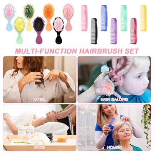 HOFASON 28 Pieces Bulk Mini Wet Hair Brush & Mini Combs Set for Kids Girls Women, Bridesmaid Gifts, Spa Party Supplies, Summer Stuff, 14 Travel Small Brush for Hair 14 Fine Wide Hair Combs for Boy Men