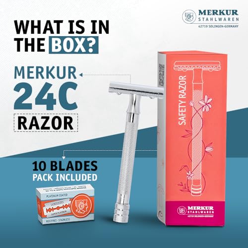 MERKUR 24C Safety Razor For Women with 10 Double Edge Blades | Extra Long Handle | Three-piece Razor | Straight Cut | Bright Chrome Finish | Made in Germany