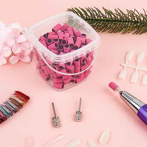 Rolybag Sanding Bands for Nail Drill 240 Grit Extreme Fine Nail Sanding Bands 200Pcs Pink Professional Sanding Bands and 2Pcs Nail Drill Bits for Manicures and Pedicure