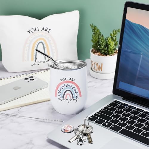 Tessco for you 3 Pcs Inspirational Gift for Women Boss Thank You Cup 12 oz Tumbler You're Enough Keychain Makeup Bag Employee Appreciation Gifts for Nurse Case Management Vet Tech(White,Rainbow)
