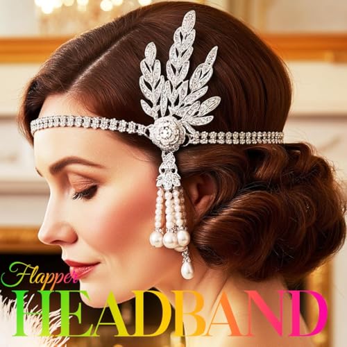 GORTIN 1920's Flapper Headband Leaf Rhiestones Headpiece Pearl Tassel Head Bands Bridal Flapper Hair Accessories Head Chain for Women (Sliver)