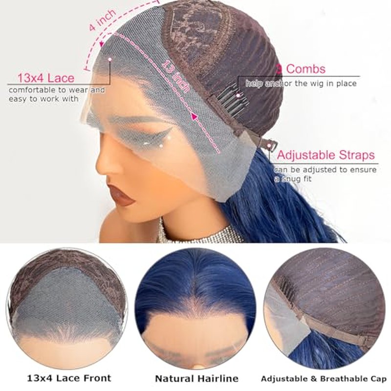24 Inch Dark Blue Wig Blue Lace Front Wig Pre Plucked Long Body Wave 13x4 HD Lace Wig Glueless Navy Blue Colored Synthetic Lace Front Wigs For Fashion Women