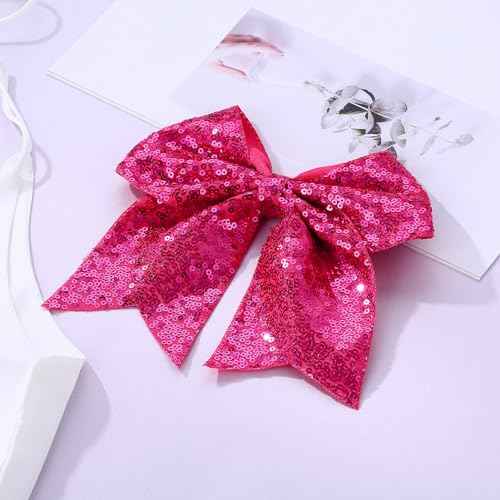 Large Big 7 Inch Glitter Bow Clip Sequin Bling Party Hair Accessories for Women Teens Girls Kids 2 Pcs (HotPink, LightPurple)