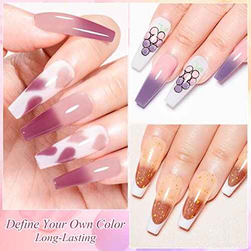 MEET ACROSS Jelly Pink Color Changing Gel Nail Polish Translucent Nude Pink Mood Temperature Change Gel Polish Set White Pink Red Purple Amber Gold Foil Transparent Crystal Gel Nail Polish