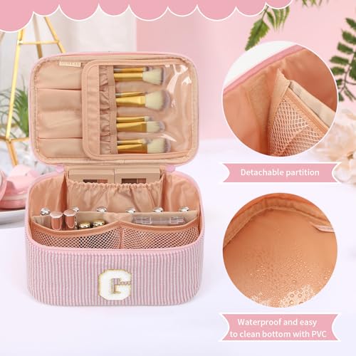 OCHEAL Makeup Bag for Women, Monogram Cosmetic Bag with Brush Holder, Pink Travel Makeup Case Beauty Toiletry Bag Organizer Personalized Gifts for Girls Bridesmaid, Sister, Wife, Friends Initial G