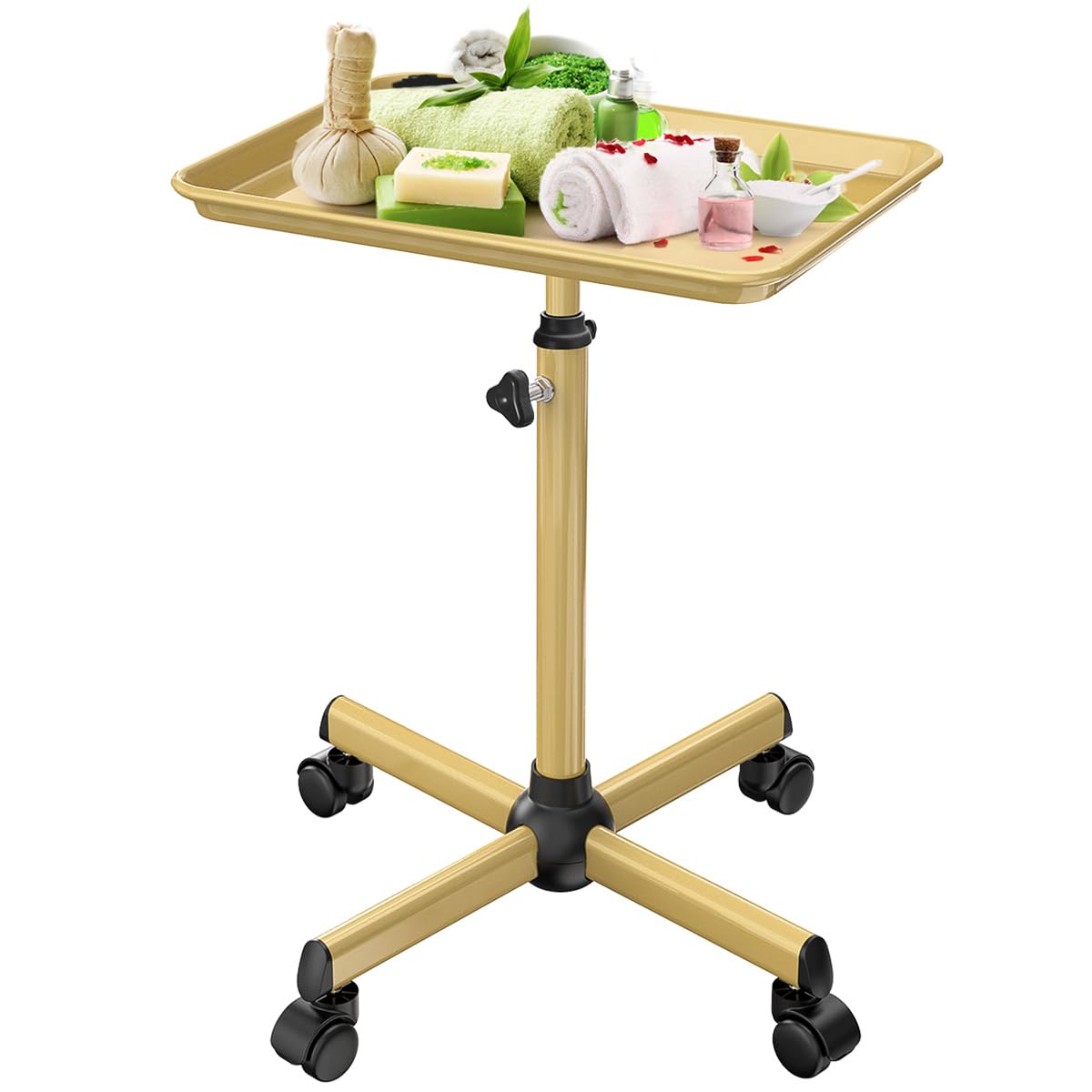 Salon Tray Cart Tattoo Tray Rolling Cart, Service Rolling Tray, Height Adjustable Styling Tray, Storage Tray Trolley for Beauty Salon Clinic Spa (Champagne Gold)