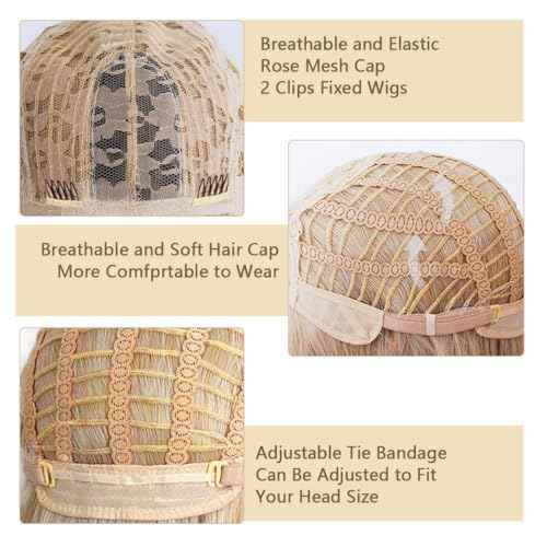 Ombre Blonde Wigs for Women Short Wavy Blonde Wig with Bangs Dark Roots Blonde Wig Medium Length Natural Synthetic Hair for Daily Party&Cosplay