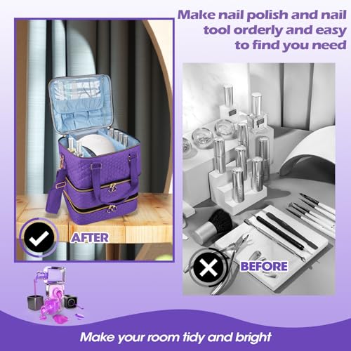 Nail Polish Organizer Case - Three Layer Nail Polish Storage Bag with Adjustable Dividers Holds 84 Bottles Nail Polish Nail Lamp Nail Kit Supplies Organizer Box - Purple