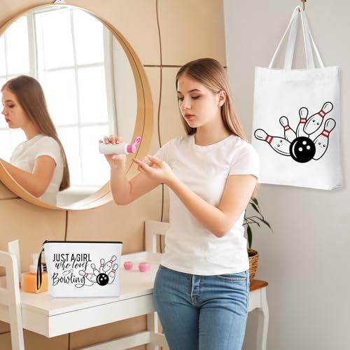 Sieral 2 Pcs Bowling Gifts for Women Just a Girl Who Loves Bowling Canvas Cosmetic Makeup Bag and Tote Bag Funny Gifts for Women Friends Sister Christmas