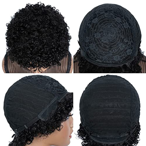 Star Flower Short Curly Wigs Human Hair Afro Kinky Curly Wig Pixie Cut Wig Human Hair 150% Density None Lace Front Black Wigs
